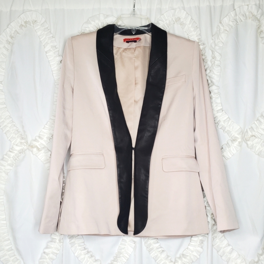 Alice + Olivia Leather Trim Collar Beige Blazer Lamb Leather Size 4